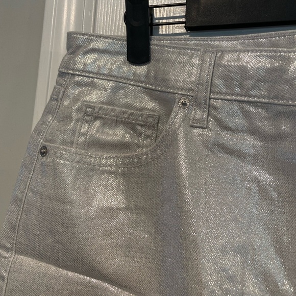 NWT Old Navy Size 12 Silver Shine Metallic Zip Stretch Denim A Line Mini Skirt - Picture 3 of 12